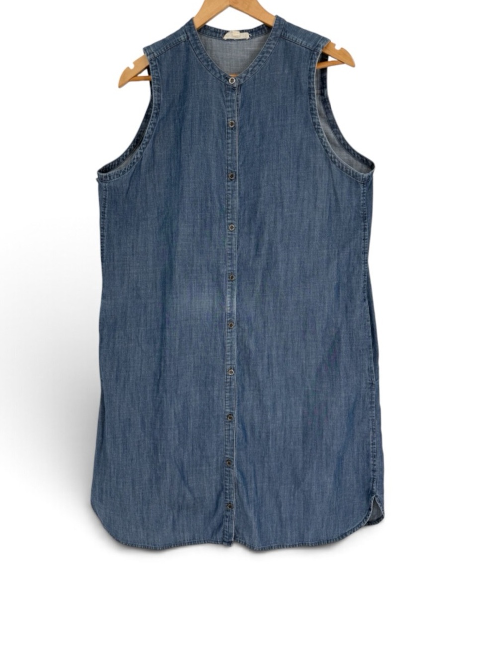 Eileen Fisher Denim Chambray Sleeveless Button-Front Dress Pockets Size L